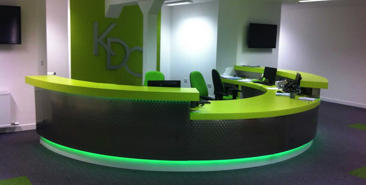 Bespoke reception desk illustrating hand crafted design fit outs for office renovations in Aberdeen City and Aberdeenshire
